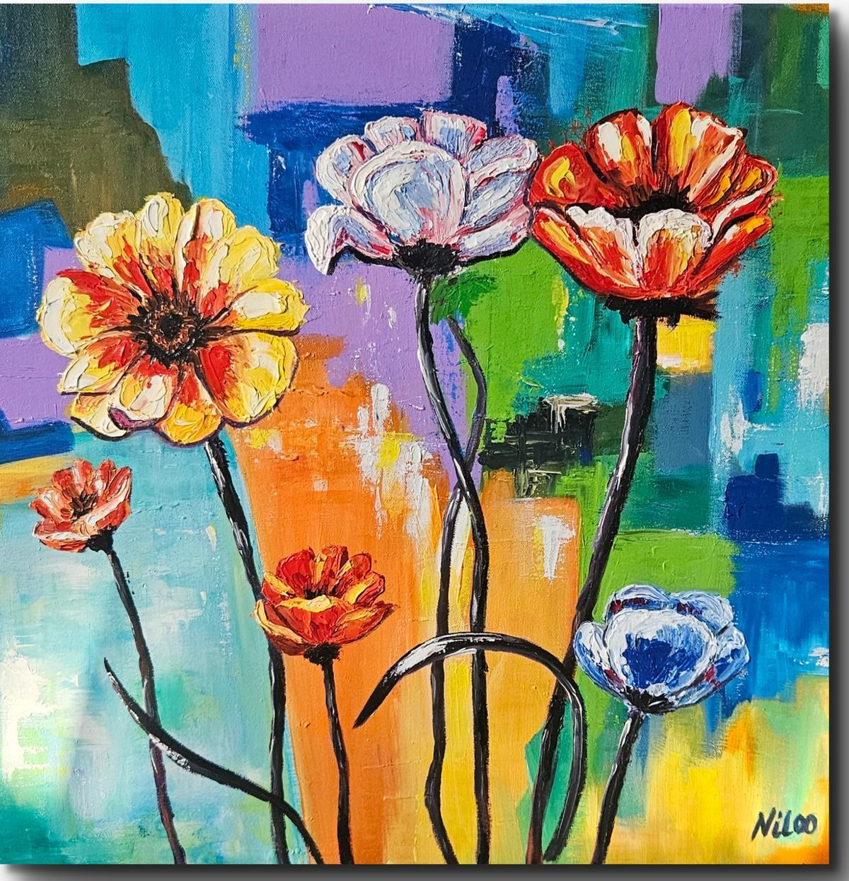 Dies ist ein abstraktes, farbenfrohes Gemälde, Blumen mit Öl in Spachteltechnik auf abstraktes Acryl Hintergrund. 60 x 60 CM.
